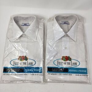 2 Fruit Of The Loom VTG 60's 70's White Button Up Short Sleeve‎ Shirt Size 14*2